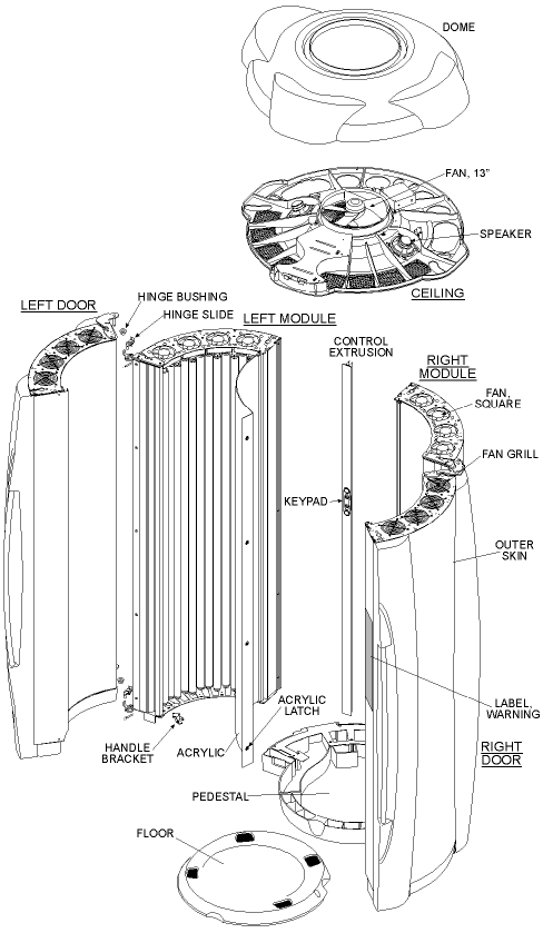 Exploded view of the Platinum 652V tanning booth