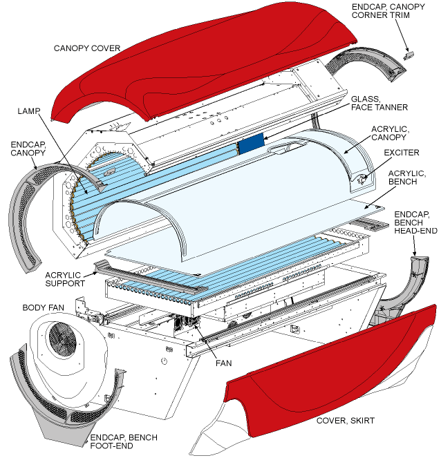 Exploded view of the Ultimate ENVY 234 e3 tanning bed