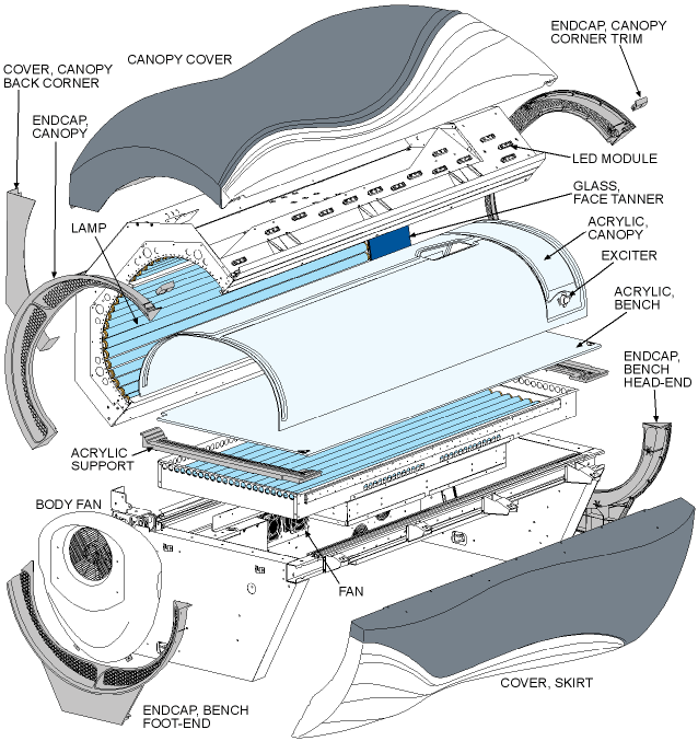 Exploded view of the Epic 442 e3 tanning bed