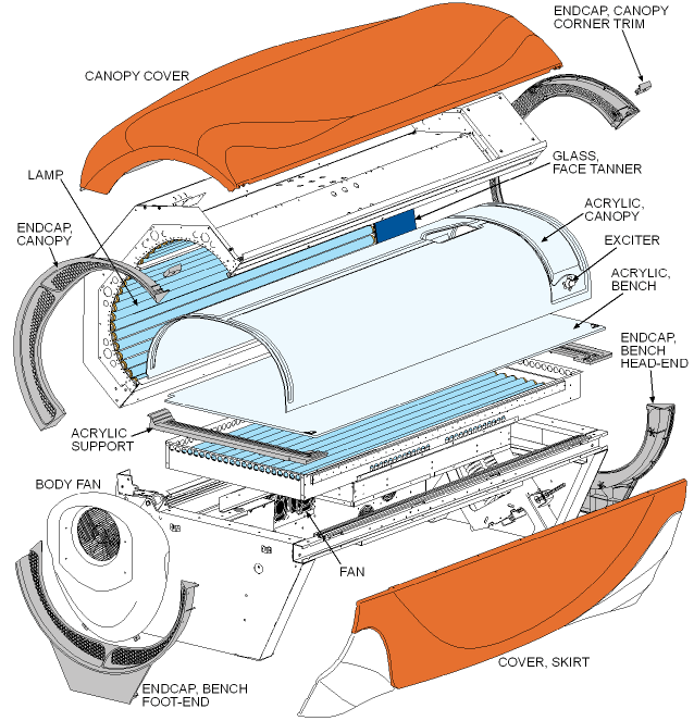 Exploded view of the Ultimate ENVY 134 3F e3 tanning bed